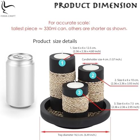 IYARA CRAFT Candleholder Set with Tray, Set of 3 Rustic Black Wooden Tealight Candle Holders with Natural Rope Accent