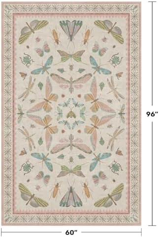 Hazo Haus Washable 5x8 Light Pink Rug for Bedroom - Pink Boho Girl Nursery Rug, Living Room, Nature Insect Bug Print