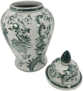 Galt International Veridian Parrot Floral Chinoiserie Ceramic Temple Jar 18" w/Lid - Ginger Jar Home & Kitchen Decor