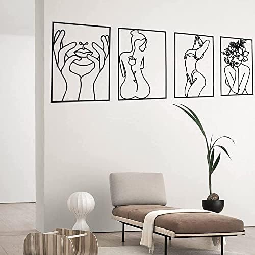 Glamativity Large 4 Pack Black Wall Art, Minimalist Single Line Art, Real Metal Wall Art, Woman's Body Shape Abstract