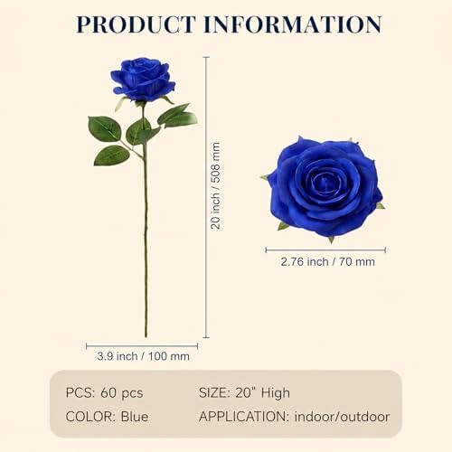 60 Pcs Blue Velvet Artificial Roses Flowers Real Looking Silk Faux Roses Bulk Long Stems for Wedding Centerpieces,DIY Floral Arrangements,Home Decor,Anniversary,Valentine's Day