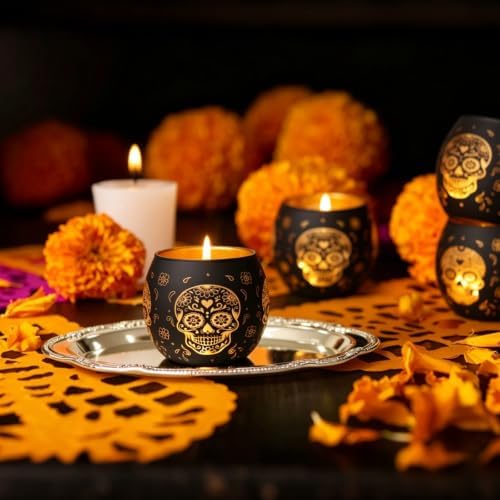 Day of Dead Skull Glass Votive Set, 6-Pack Black Halloween Candle Holder