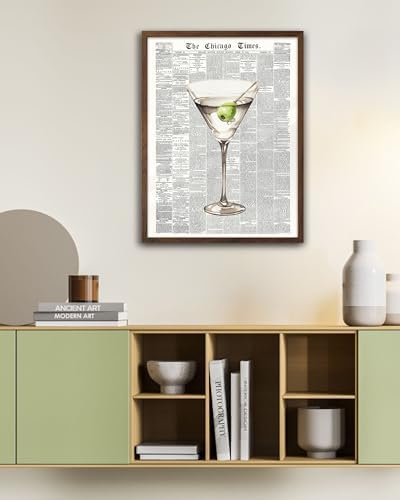 EcoHest 12x16 in Martini Newspaper Framed Wall Art for Bar Cart
