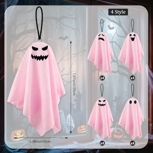 16 Pack Halloween Small Hanging Ghost 8.27Inch Pink Ghosts Tree Ornaments for Front Yard Porch Patio Lawn Garden Indoor Outdoor Holiday Party Decor