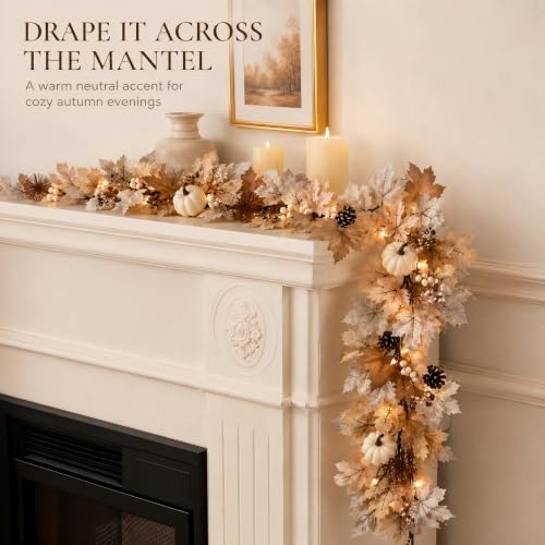 Fall Decor Garland with Lights, 6Ft, 30 Warm LED, White Pumpkins