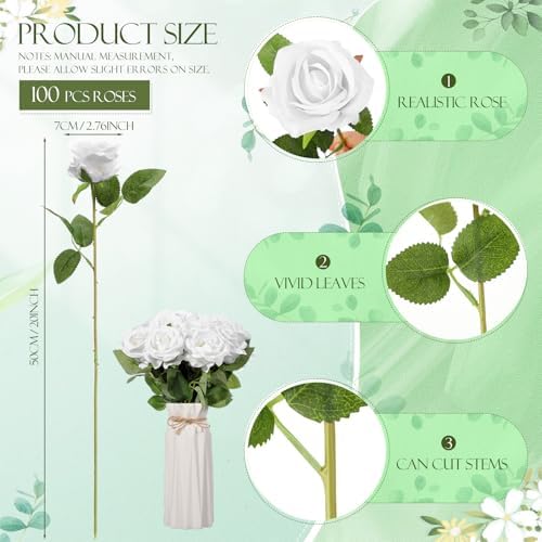 Jexine 100 Pcs Artificial Roses Flowers Bulk, Pure White