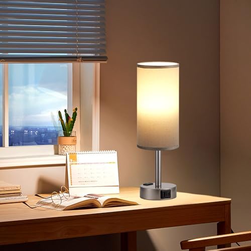 Fenmzee Grey Bedside Lamp for Bedroom, Dimmable Touch, USB A+C, AC Outlet