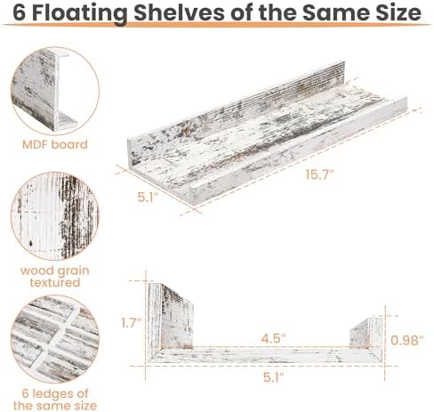 upsimples Floating Shelves for Wall Decor Storage Rustic White,6Pcs 15.7''