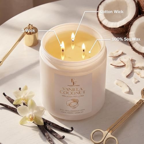 Vanilla Coconut Large Scented Candle, 3-Wick 22oz Long Lasting Scented Candle, Natural Soy Wax Aromatherapy Candle for