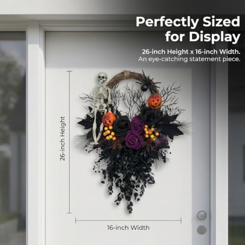 Halloween Wreath for Front Door 16" Dark Gothic Skull Spooky Decor