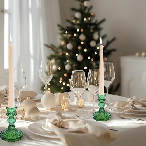 Green Glass Candlestick Holders, Taper Candle Holders, Set of 6