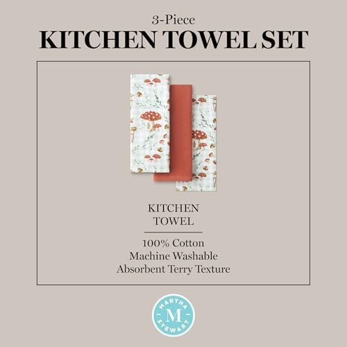 Martha Stewart Autumn Harvest Mushroom Plaid Kitchen Towel 3-Pack Set, 100% Cotton with Absorbent Terrycloth, Decorative Kitchen Towels, Burnt Orange/Green/White, 16"x28"