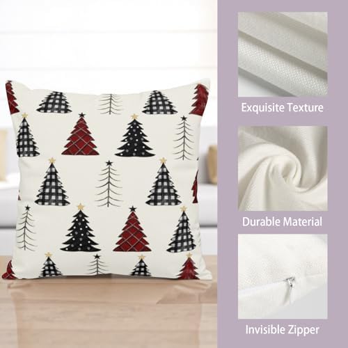 Buffalo Plaid Christmas Tree Pillow Covers 22x22 Set of 2 Red Black and White Xmas Decorative Outdoor Throw Pillow Cases Seasonal Farmhouse Cushion Case Winter Holiday Decor for Sofa Couch