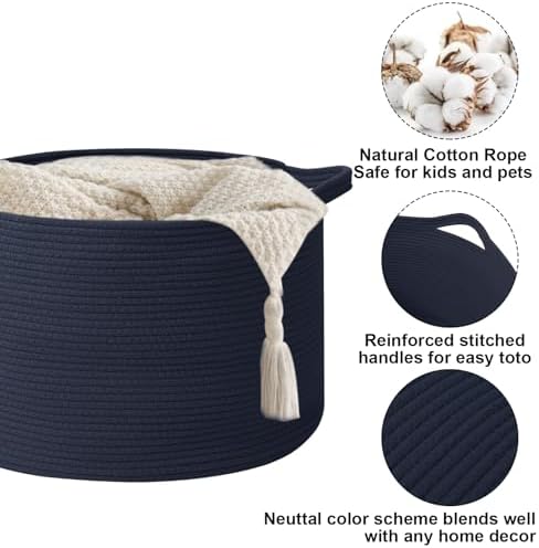 115L Extra Large Woven Cotton Rope Laundry Basket-Navy Blue