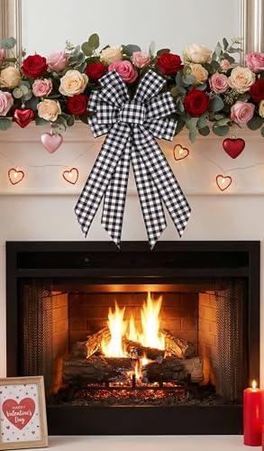 YKW Large Buffalo Plaid Bow with Wired Edge, 11x20 Inch Black White Farmhouse Wreath Bow Pre-Made Front Door Indoor Outdoor Year Round Decor