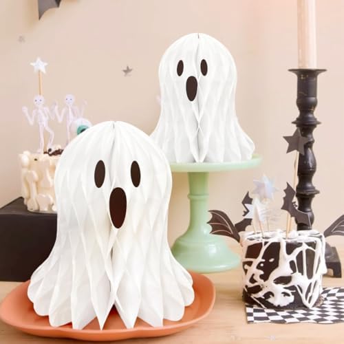 Halloween Ghost Honeycomb Hanging Decorations 6 Pcs White Table Centerpiece Paper Hanging Ornaments Halloween Party Window Spooky Haunted House Desk Decor