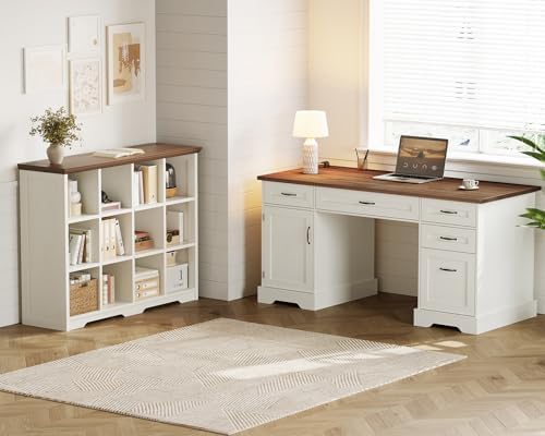 OffiGo 12 Cube Organizer Bookcase, Cube Shelf with Storage, Walnut + White