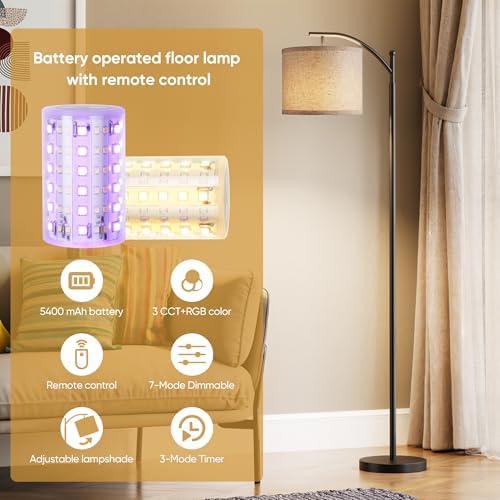 Battery Operated Floor Lamp, RGB Dimmable Cordless Standing Lamp with Remote Control for Living Room, Tall Floor Lamp