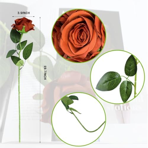 Artificial Roses Flowers, 12 Pcs Fake Rose in Bulk, Long Stem Realistic Silk Roses Bouquet for Fall Home Decor, Thanksgiving Decor, Centerpieces, Flower Arrangement (Burnt Orange, 12-PCS)
