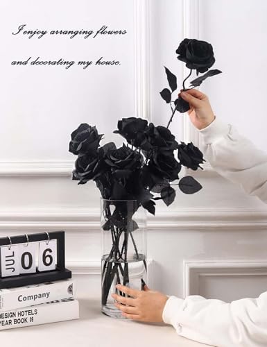 Laelfe Halloween Black Roses Artificial Flowers, 12 PCS Fake Silk Flower Long Stem Artificial Rose for Home Wedding Party Decorations(Black Halloween)