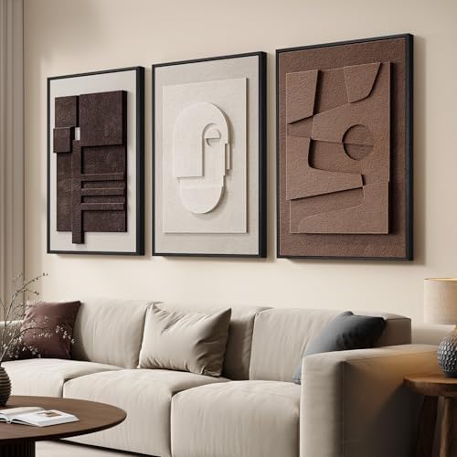 3D Textured Framed Brown and White Abstract Wall Art Set, 3 Piece 16x24 In