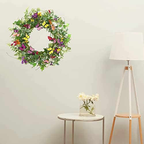 20" Artificial Spring Summer Wreath with Fake Butterflies,Eucalyptus Leaves,Daisy,Dry Vine Branches,Fern Leaves for Front Door Indoor Outdoor Farmhouse Wall Holiday Decor, White Gift Box Included