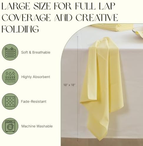 Cloth Napkins Set of 12, 100% Cotton Dinner Napkins for Thanksgiving, Christmas & Fall Entertaining, Washable Reusable Table Linens for Wedding & Everyday Use, 18 x 18 Inch, Light Yellow