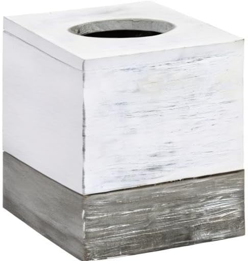 Tissue Box Cover Square Vintage White and Distressed Gray Wood Bathroom Tissue Box / White & Grey