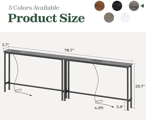 SUPERJARE 78.8 inch Narrow Behind Couch Table with 2 Charging Stations