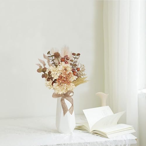 28Pcs Boho Artificial Dried Hydrangea Flower Bouquet with Berries, Burlap Pampas, Burgundy & Green Ombre Leaves, Fake Fall Winter Thanksgiving Harvest Floral Arrangement Vase Centerpieces, 17"