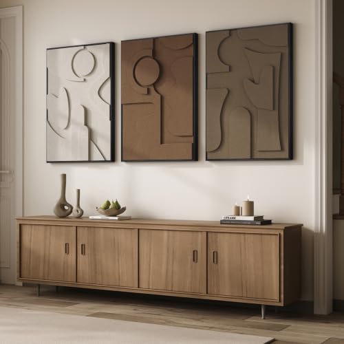 Large 3D Textured Framed Neutral Abstract Wall Art for Living Room, 3 Piece