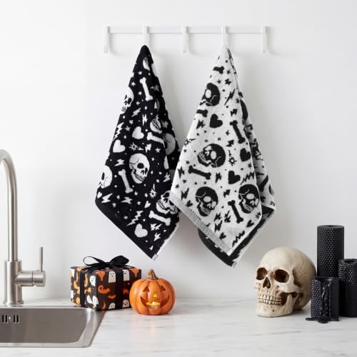 Breling 2 Pcs Halloween Skull Hand Towels Black White Bathroom Towels