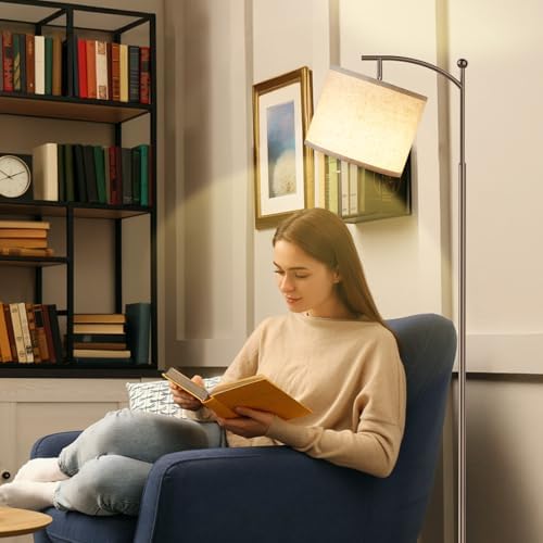 Ambimall 60" Floor Lamp for Living Room with 3 Color Temperatures, Adjustable Beige Shade with Brown Pole, Tall Lamp