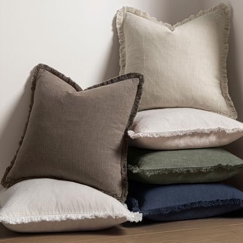 MIULEE Boho Linen Fringe Decorative Fall Throw Pillow Covers Coffee 18x18