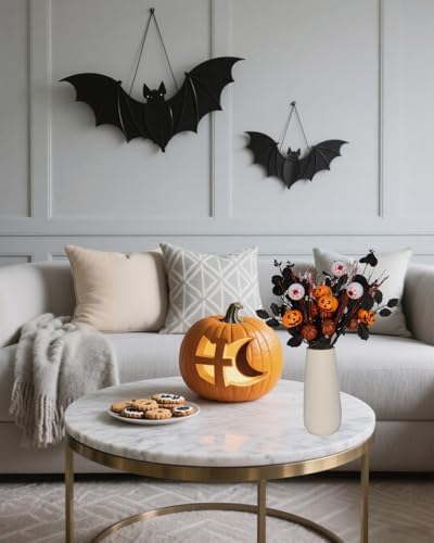 5PCS Artificial Halloween Flowers,13.4 Inch Artificial Pumpkin Maple Leaf Floral Stems Branches &Eyeball Halloween Decoration for Indoor Home Farmhouse Party Table Vase Décor