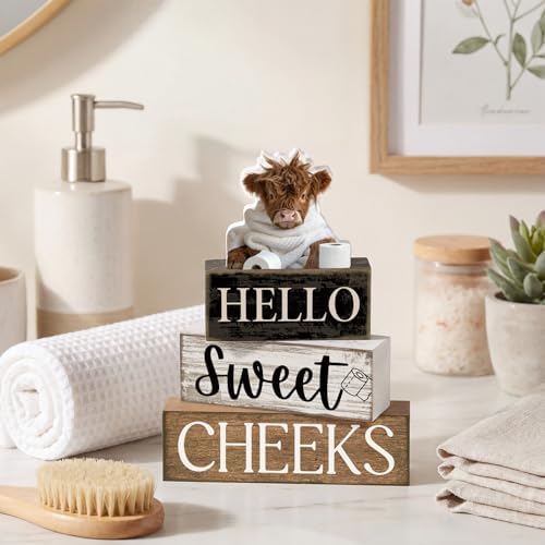 Moucuny 4 Pcs Highland Cow Bathroom Decor Wooden Signs, Farmhouse