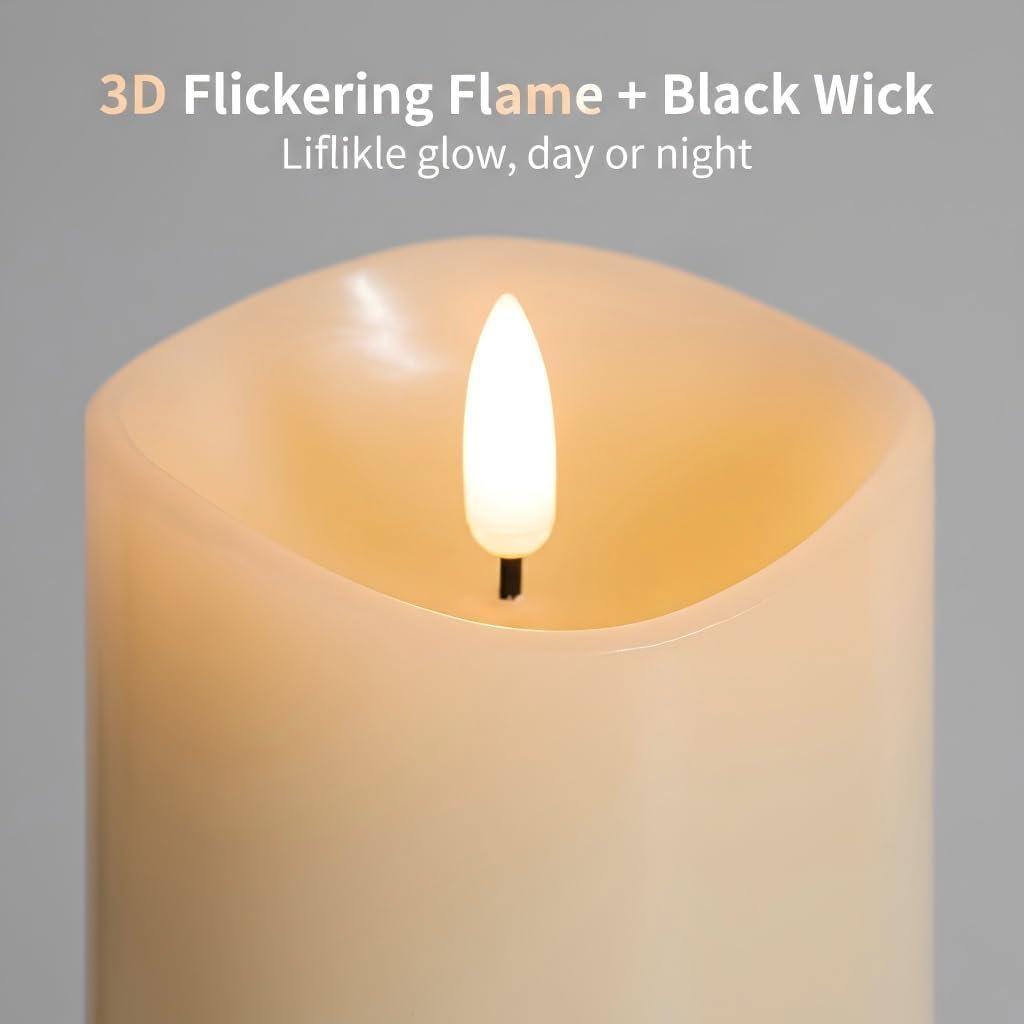 Real Wax Flameless Candles with Remote, 3 x 6 LED Pillar Candles | Flickering Battery Operated Candles with Timer