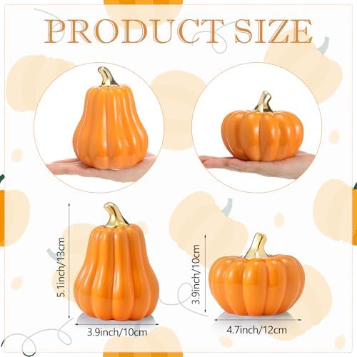 Qinyoung 2 Pcs Fall Ceramic Pumpkins for Home Decor Gold Stem, Orange