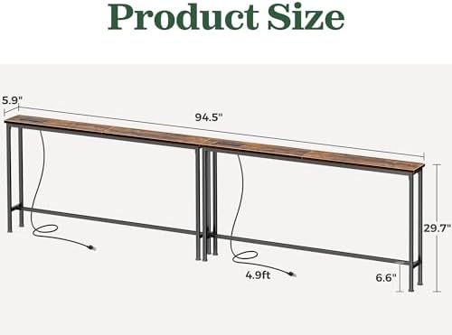 SUPERJARE 94.5 inch Narrow Behind Couch Table with Charging Stations