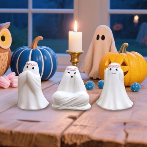 3 Pcs Ghost See No Evil Hear No Evil Speak No Evil Statues, Spooky Halloween Ghost Plant Decorations for Pots, Cute See No Evil Hear No Evil Figurines for Home Office Desk Lawn Yard Planter Pot