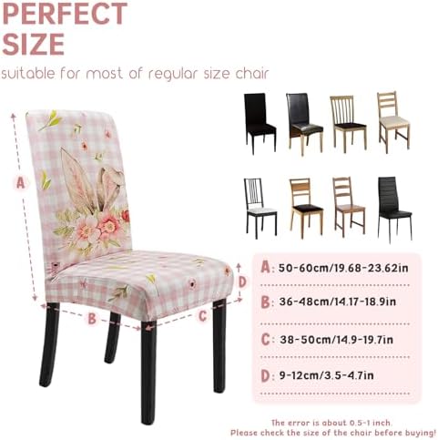 Easter Chair Covers Set of 4 Spring Pink Bunny Floral Buffalo Plaid Dining Room Slipcovers Stretch Parsons Chair Seat Protectors Spring Easters Decor-4PCS