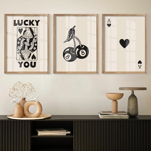 Heiple Framed Set of 3 Poker Wall Art Lucky You Poster, Trendy Retro Print Wall Decor for Queen of Hearts Wall Art