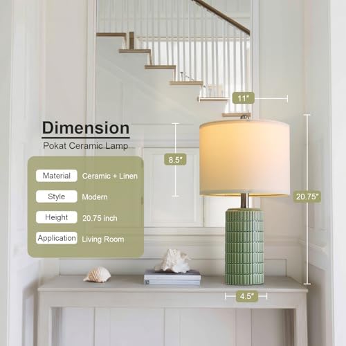PoKat 20.75" Small Modern Ceramic Table Lamps Set of 2 for Bedroom, Green Bedside Lamps for Night Stands, Farmhouse