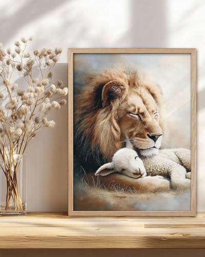 KensTro 12x16 Oak Framed Lion and Lamb Christian Wall Art