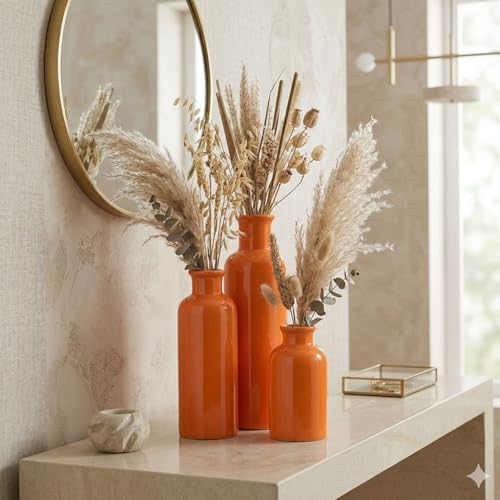 Ceramic Vase Set - 3 Orange Small Vases, Farmhouse Country Flower Vase Home Decor, Living Room Decoration, Table