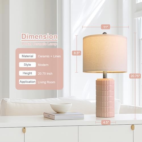PoKat 20.75" Pink Ceramic Table Lamps Set of 2, Small Modern Bedroom Lamps for Girls Room, Bedside Lamps for Night