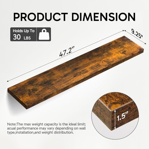 BAYKA Rustic Brown Floating Shelves 47.2in, Set of 2, Wall Mount Wood Shelf