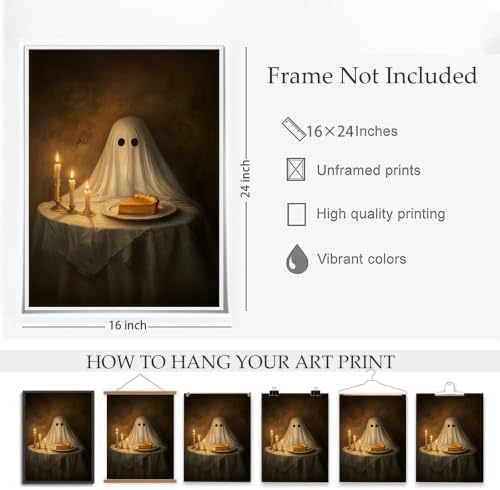 ILLBDR Halloween Ghost with Pumpkin Pie Canvas Wall Art Poster 16x24 inch