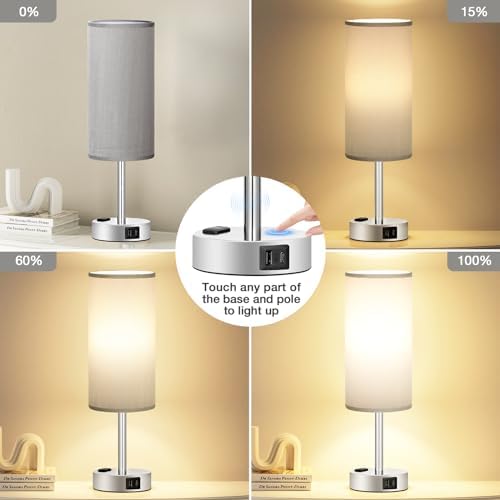 Fenmzee Grey Bedside Lamp for Bedroom, Dimmable Touch, USB A+C, AC Outlet