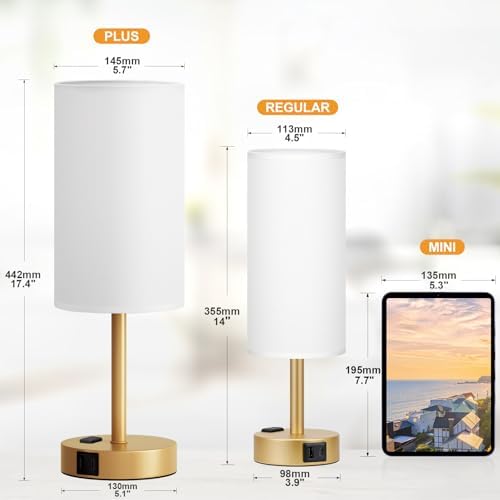 Fenmzee 17.4" Gold Lamp for Bedroom - Dimmable Touch, USB A+C, AC Outlet